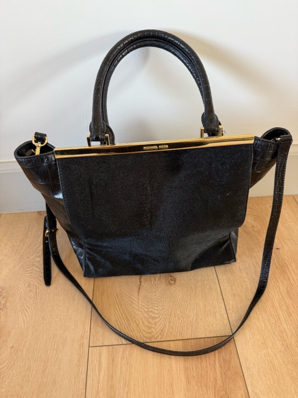 Michael Kors Black Leather & Haircalf Satchel with Gold Hardware